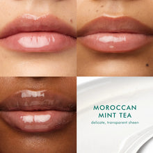 Load image into Gallery viewer, Close-up of lips with different lip gloss shades and a label for 'Moroccan Mint Tea' gloss.