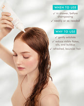 Load image into Gallery viewer, Woman applying hair care product with text on usage and benefits