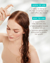 Load image into Gallery viewer, Woman applying hair product with text on usage and benefits
